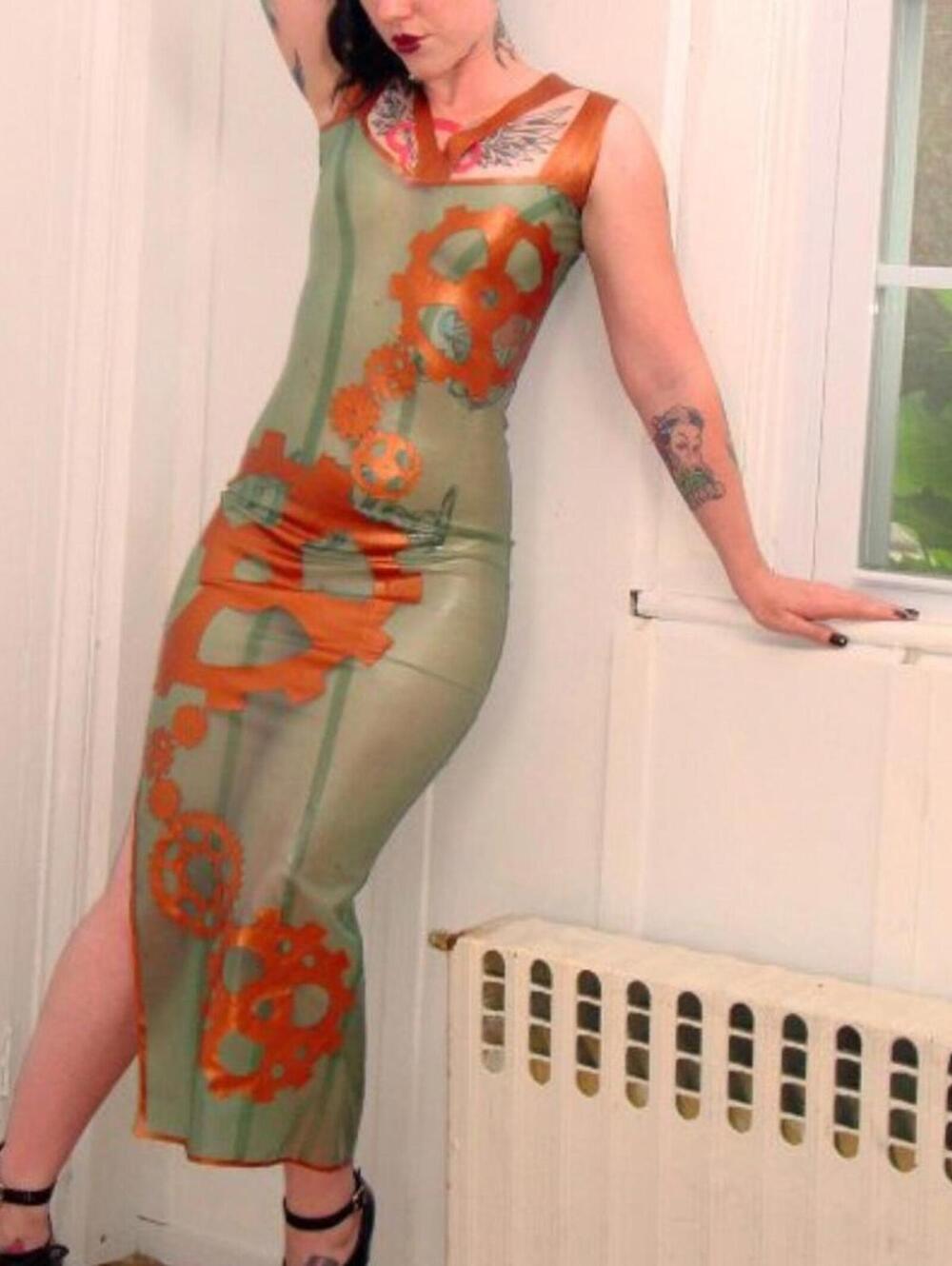 REAL LATEX by DAWNAMATRIX Long Steampunk Gear Gown Sz S